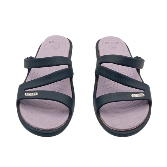 Crocs Patricia Wedge Sandals Womens 7 Navy Blue Strappy Comfort Slip On Slides - Picture 2 of 5